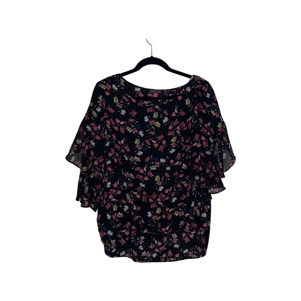 Vince Camuto Womens Ruffle Blouse, Floral Top Purple, 1X Short Bell Sleeves - Picture 4 of 4